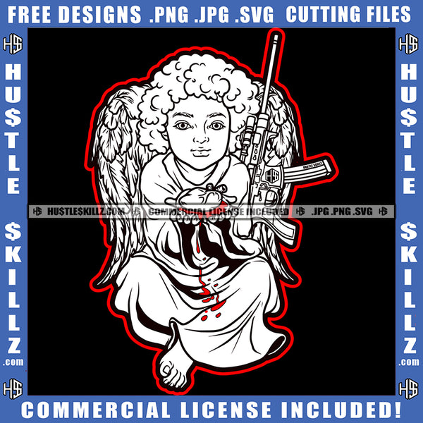 Black And White Design Cherub Angel With Wings Holding Blood Bleeding Long Black Gun Weapon Firearm Heaven Logo Hustle Skillz SVG PNG JPG Vector Cut Files Silhouette Cricut