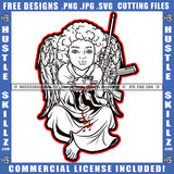 Black And White Design Cherub Angel With Wings Holding Blood Bleeding Long Black Gun Weapon Firearm Heaven Logo Hustle Skillz SVG PNG JPG Vector Cut Files Silhouette Cricut