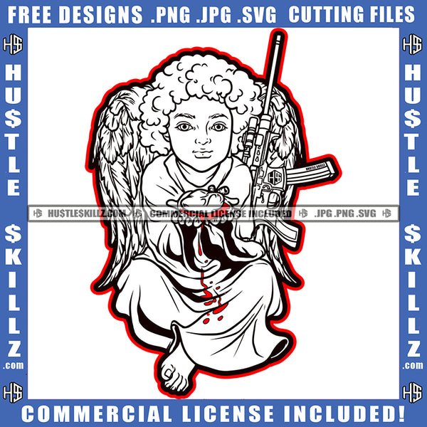 Black And White Design Cherub Angel With Wings Holding Blood Bleeding Long Black Gun Weapon Firearm Heaven Logo Hustle Skillz SVG PNG JPG Vector Cut Files Silhouette Cricut