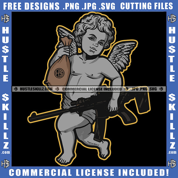 Gangster Angel Money Bag Carrying Cash Bags Rifle Gun Protection Weapon Hustler Grinding Logo Hustle Skillz SVG PNG JPG Vector Cut Files Silhouette Cricut