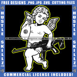 Gangster Black And White Design Angel Walking Money Bag Carrying Cash Bags Rifle Gun Protection Weapon Hustler Grinding Logo Hustle Skillz SVG PNG JPG Vector Cut Files Silhouette Cricut