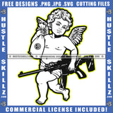 Gangster Black And White Design Angel Walking Money Bag Carrying Cash Bags Rifle Gun Protection Weapon Hustler Grinding Logo Hustle Skillz SVG PNG JPG Vector Cut Files Silhouette Cricut