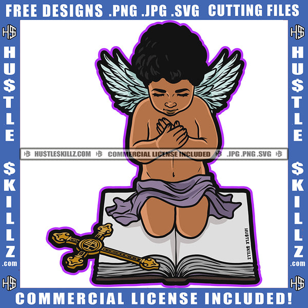 Sad Child Angel Sitting On Book Cross Death Gothic Graphic Icon Grind Logo Hustle Skillz SVG PNG JPG Vector Cut Files Silhouette Cricut