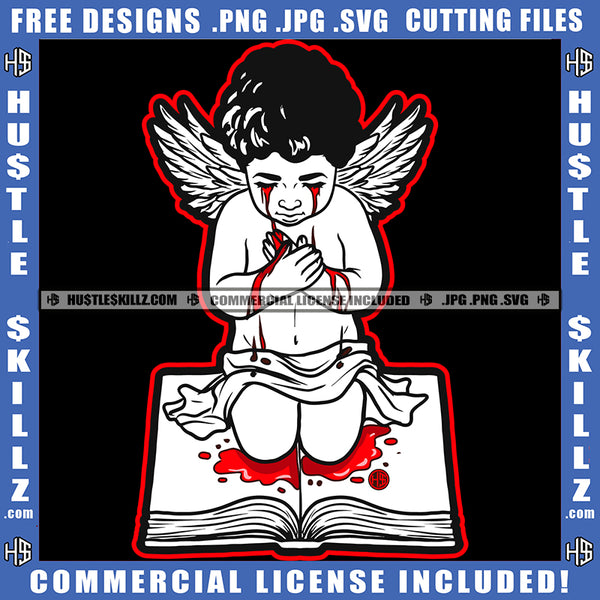 Young Angel Black And White Design Crying Blood Tears Wings Sitting On Book Bleeding Death Gothic Graphic Icon Grind Logo Hustle Skillz SVG PNG JPG Vector Cut Files Silhouette Cricut