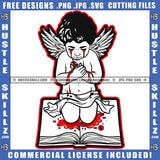 Young Angel Black And White Design Crying Blood Tears Wings Sitting On Book Bleeding Death Gothic Graphic Icon Grind Logo Hustle Skillz SVG PNG JPG Vector Cut Files Silhouette Cricut