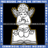 Sad Child Angel Black And White Design Sitting On Book Cross Death Gothic Graphic Icon Grind Logo Hustle Skillz SVG PNG JPG Vector Cut Files Silhouette Cricut