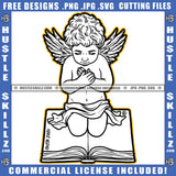 Sad Child Angel Black And White Design Sitting On Book Cross Death Gothic Graphic Icon Grind Logo Hustle Skillz SVG PNG JPG Vector Cut Files Silhouette Cricut