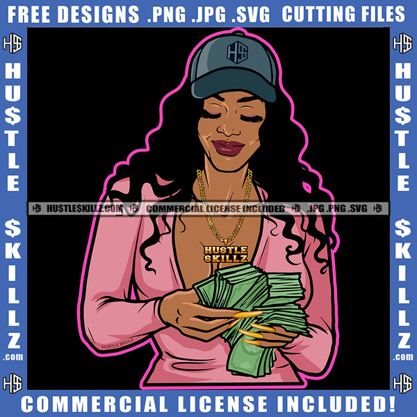 Beautiful Woman Head Cap Counting Money Boss Lady Business Hard Worker Grinding Hustler Logo Hustle Skillz SVG PNG JPG Vector Cut Files Silhouette Cricut