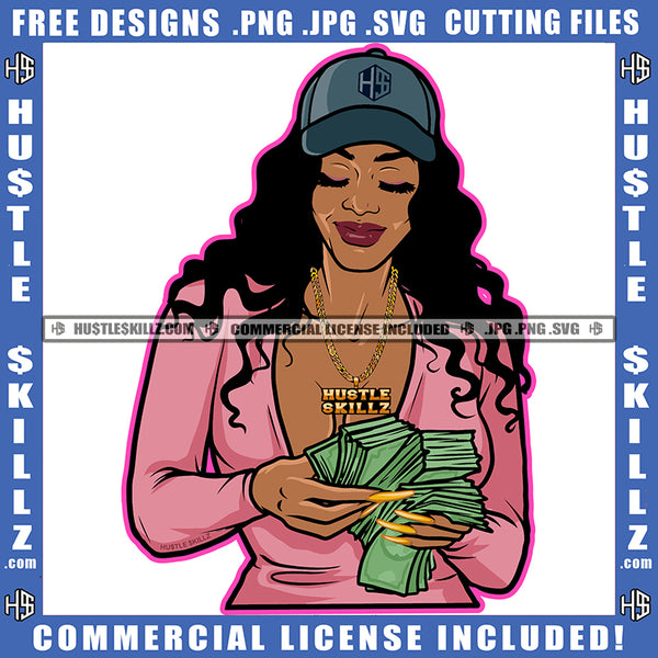 Beautiful Woman Head Cap Counting Money Boss Lady Business Hard Worker Grinding Hustler Logo Hustle Skillz SVG PNG JPG Vector Cut Files Silhouette Cricut