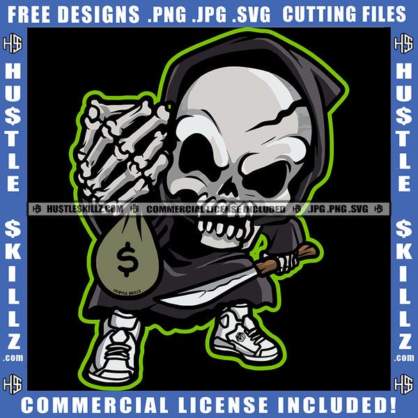 Skeleton's Skull Death Bone Head Scary Hand Holding Knife Money Bag Dollar Sign Logo Hustle Skillz SVG PNG JPG Vector Cut Files Silhouette Cricut