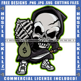 Skeleton's Skull Death Bone Head Scary Hand Holding Knife Money Bag Dollar Sign Logo Hustle Skillz SVG PNG JPG Vector Cut Files Silhouette Cricut