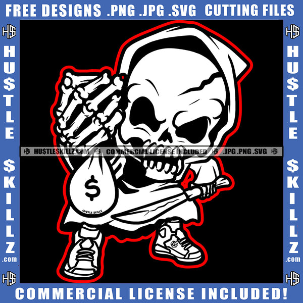 Skeleton's Skull Black And White Design Death Bone Head Scary Hand Holding Knife Money Bag Dollar Sign Logo Hustle Skillz SVG PNG JPG Vector Cut Files Silhouette Cricut