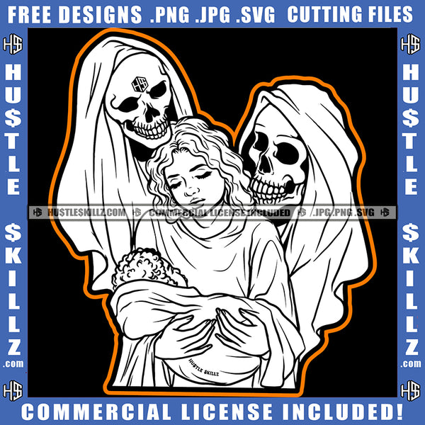 Afro Mother Black And White Design Peaceful Sleeping Baby True Love Horror Halloween Evil Skeleton's Skull Death Scary Head Logo Hustle Skillz SVG PNG JPG Vector Cut Files Silhouette Cricut