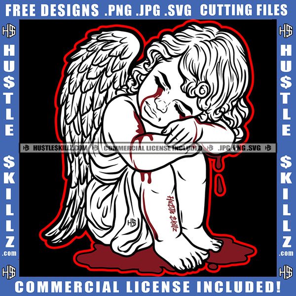 Baby Angel Bleeding Dripping Tears Sad Sadness No Love Tattoo Crying Blood Feather Wings Logo Hustle Skillz SVG PNG JPG Vector Cut Files Silhouette Cricut