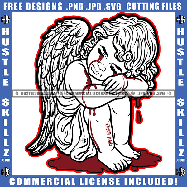 Baby Angel Bleeding Dripping Tears Sad Sadness No Love Tattoo Crying Blood Feather Wings Logo Hustle Skillz SVG PNG JPG Vector Cut Files Silhouette Cricut