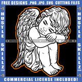 Sad Baby Angel Wings Fantasy Kids Child Tattoo Head Resting On His Feets Hustle Skillz SVG PNG JPG Vector Cut Files Silhouette Cricut