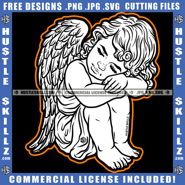 Sad Baby Angel Wings Fantasy Kids Child Tattoo Head Resting On His Feets Hustle Skillz SVG PNG JPG Vector Cut Files Silhouette Cricut