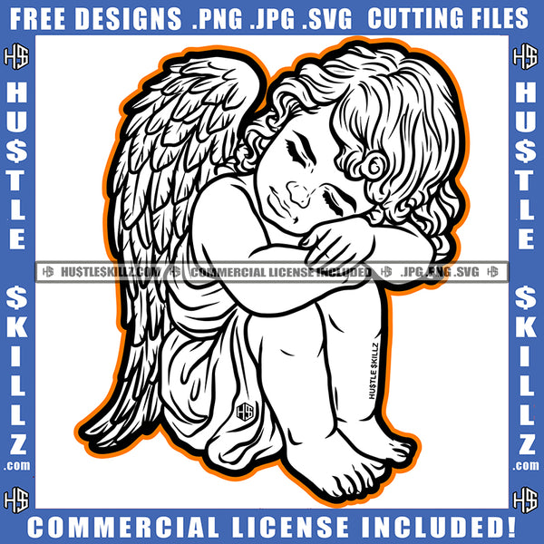 Sad Baby Angel Wings Fantasy Kids Child Tattoo Head Resting On His Feets Hustle Skillz SVG PNG JPG Vector Cut Files Silhouette Cricut