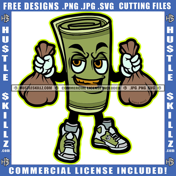 Dollar Bill Money Cartoon Dollar Sign Smile Happy Cool Design Rich Wealthy Save Savings Ad Advertisement Logo Hustle Skillz SVG PNG JPG Vector Cut Files Silhouette Cricut