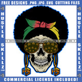 Skeleton Skull With Afro Headwrap Earrings Floral Graphics Image Cannabis Smoking Blunt Marijuana Weed leaf Logo Hustle Skillz SVG PNG JPG Vector Cut Files Silhouette Cricut