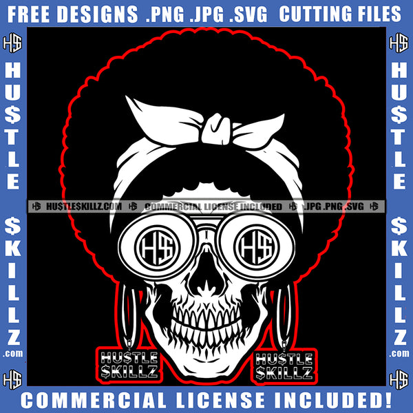 Skeleton Black And White Skull With Afro Headwrap Earrings Floral Graphics Image Logo Hustle Skillz SVG PNG JPG Vector Cut Files Silhouette Cricut