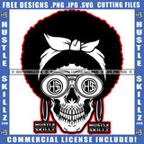 Skeleton Black And White Skull With Afro Headwrap Earrings Floral Graphics Image Logo Hustle Skillz SVG PNG JPG Vector Cut Files Silhouette Cricut