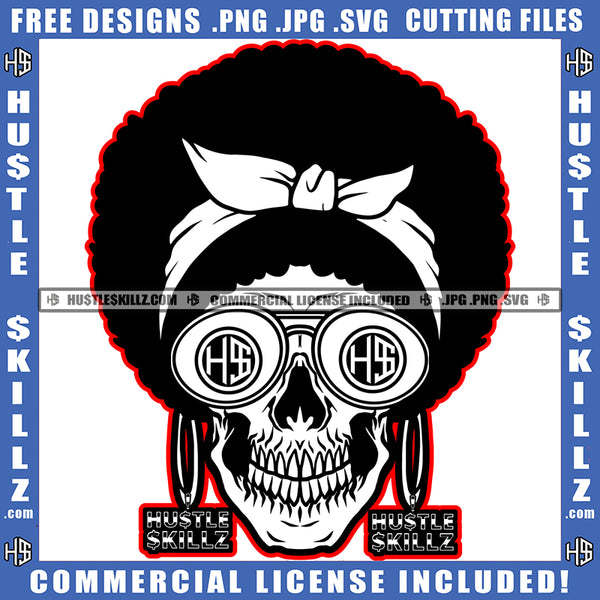 Skeleton Black And White Skull With Afro Headwrap Earrings Floral Graphics Image Logo Hustle Skillz SVG PNG JPG Vector Cut Files Silhouette Cricut