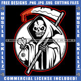 Grim Reaper Skeleton's Skull Death Bone Horror Scary Halloween Dripping Blood Hold Cash Bag Evil Eyes Logo Hustle Skillz SVG PNG JPG Vector Cut Files Silhouette Cricut