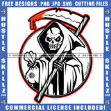 Grim Reaper Skeleton's Skull Death Bone Horror Scary Halloween Dripping Blood Hold Cash Bag Evil Eyes Logo Hustle Skillz SVG PNG JPG Vector Cut Files Silhouette Cricut