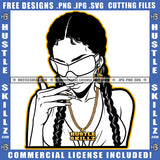 Pretty Woman African American Slim Skinny Lady Braids Hairstyle Sunglass Gold Chain Hand Middle Finger Girl Logo Hustle Skillz SVG PNG JPG Vector Cut Files Silhouette Cricut