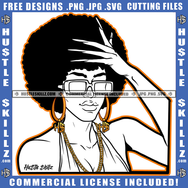 Beautiful Melanin Slim Woman Curly Bob Sunglass Gold Chain Earring Logo Hustle Skillz SVG PNG JPG Vector Cut Files Silhouette Cricut