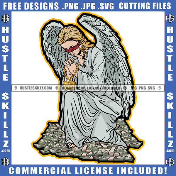 Angel Blind Folded Hold Gold Chain Showing Off Money Hustler Grinding Logo Hustle Skillz SVG PNG JPG Vector Cut Files Silhouette Cricut