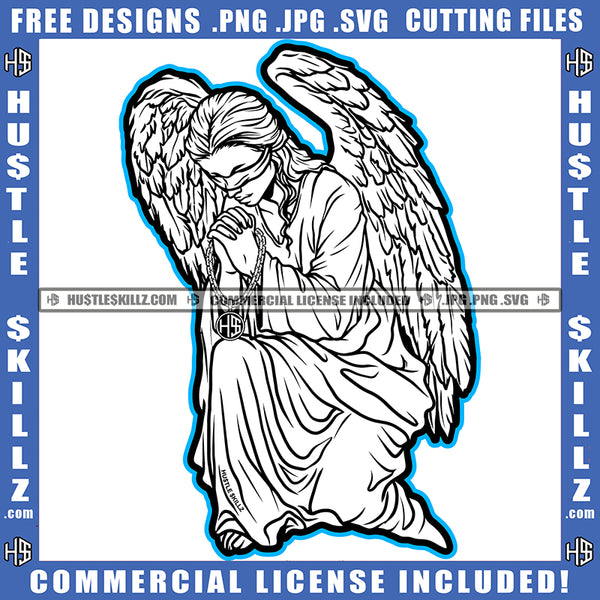 Angel Tie Eyes Blind Black And White Design Folded Hold Gold Chain Blue Border Logo Hustle Skillz SVG PNG JPG Vector Cut Files Silhouette Cricut