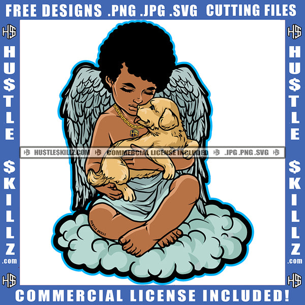 Baby Angel Sitting Hold Pet Dog Gold Chain Blue Border Logo Hustle Skillz SVG PNG JPG Vector Cut Files Silhouette Cricut