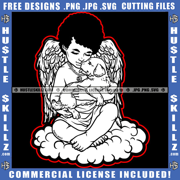 Baby Angel Black And White Graphic Design Laying Hold Cute Pet Dog Gold Chain Red Border Logo Hustle Skillz SVG PNG JPG Vector Cut Files Silhouette Cricut