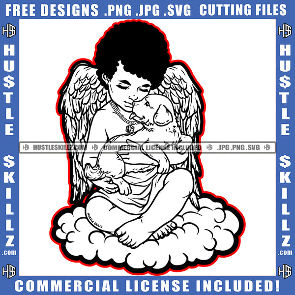 Baby Angel Black And White Graphic Design Laying Hold Cute Pet Dog Gold Chain Red Border Logo Hustle Skillz SVG PNG JPG Vector Cut Files Silhouette Cricut