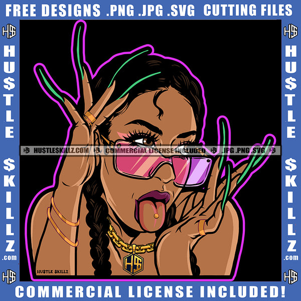 Sexy Melanin Woman  Purple Lipstick Braids Hairstyle Gold Chain Sunglass Bracelet Ring Long Nail Lips Mouth Tongue Out Piercing Erotic Logo Hustle Skillz SVG PNG JPG Vector Cut Files Silhouette Cricut