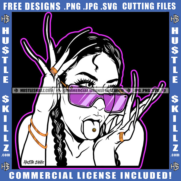 Sexy Nubian Woman Braids Hairstyle Gold Chain Purple Sunglass Bracelet Rings Cosmetics Model Lips Mouth Tongue Out Piercing Erotic Logo Hustle Skillz SVG PNG JPG Vector Cut Files Silhouette Cricut