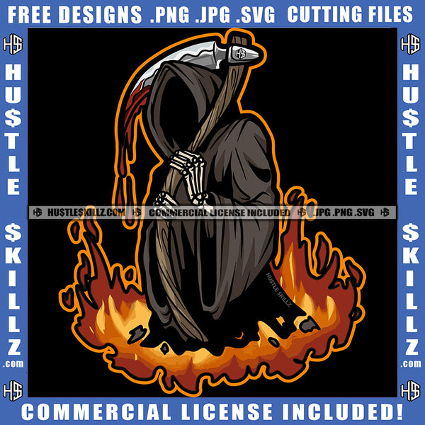 Grim Reaper Skull Blood Bleeding Death Burns Fire Illustration Logo Hustle Skillz SVG PNG JPG Vector Cut Files Silhouette Cricut