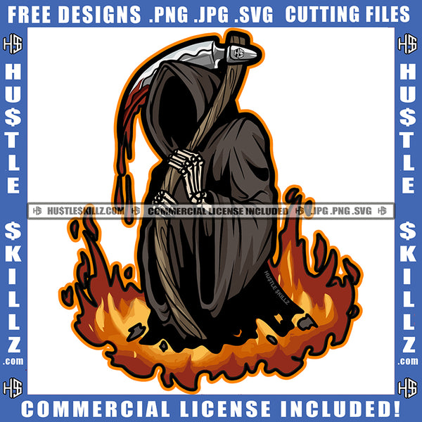 Grim Reaper Skull Blood Bleeding Death Burns Fire Illustration Logo Hustle Skillz SVG PNG JPG Vector Cut Files Silhouette Cricut