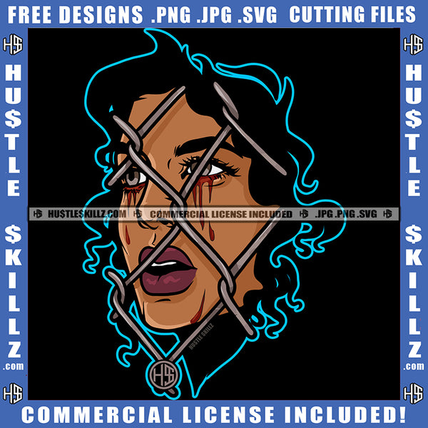 Half Face Melanin Woman Mouth Fence Bleeding Tears Logo Hustle Skillz SVG PNG JPG Vector Cut Files Silhouette Cricut