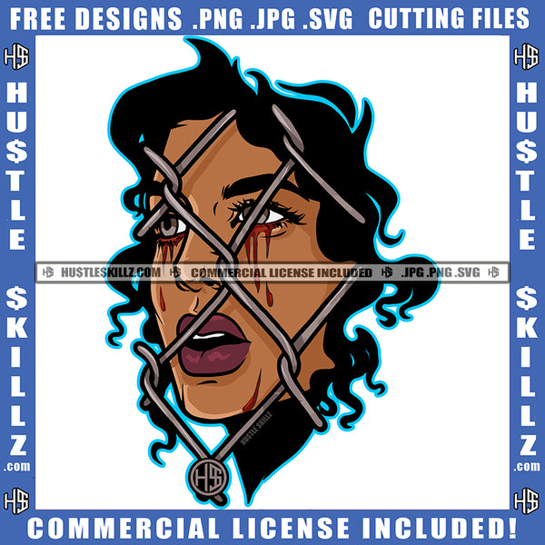 Half Face Melanin Woman Mouth Fence Bleeding Tears Logo Hustle Skillz SVG PNG JPG Vector Cut Files Silhouette Cricut