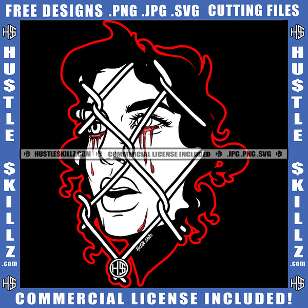 Half Face Black And White Design Woman Mouth Fence Bleeding Tears Red Border Logo Hustle Skillz SVG PNG JPG Vector Cut Files Silhouette Cricut