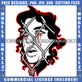 Half Face Black And White Design Woman Mouth Fence Bleeding Tears Red Border Logo Hustle Skillz SVG PNG JPG Vector Cut Files Silhouette Cricut