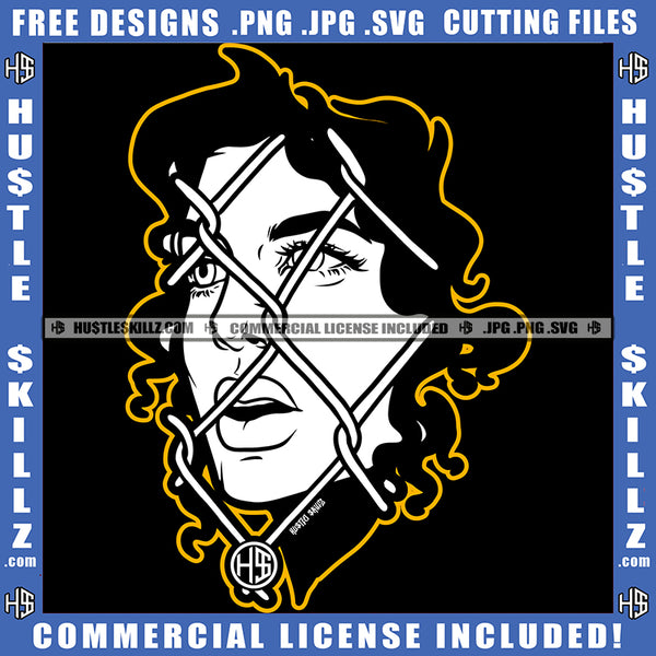 Woman Face Behind Fence Jail Breathe Black And White Design Woman Mouth Yellow Border Logo Hustle Skillz SVG PNG JPG Vector Cut Files Silhouette Cricut