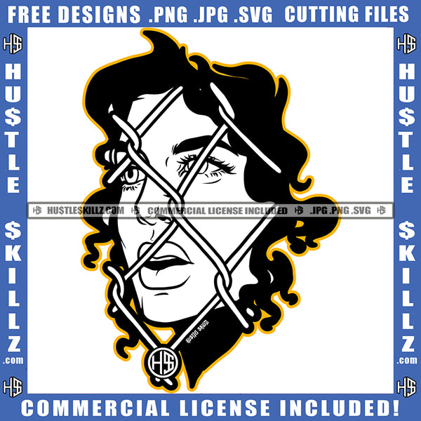 Woman Face Behind Fence Jail Breathe Black And White Design Woman Mouth Yellow Border Logo Hustle Skillz SVG PNG JPG Vector Cut Files Silhouette Cricut