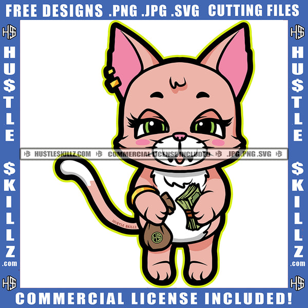 Gangster Cat Cute Face Gold Bracelet Earring Holding Bag Of Money Cash Hustling Hustler Logo Hustle Skillz SVG PNG JPG Vector Cut Files Silhouette Cricut