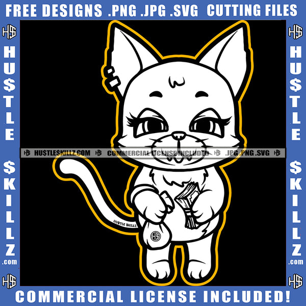 Gangster Cat Dollar Sign Black And White Graphic Design Cute Face Bracelet Earring Holding Bag Of Money Cash Illustration Hustling Hustler Ghetto Logo Hustle Skillz SVG PNG JPG Vector Cut Files Silhouette Cricut