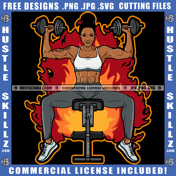 Melanin Fitness Woman Lift Dumbbells' Workout Gym Arms Exercise Fire Tattoos Graphic Grind Logo Hustle Skillz SVG PNG JPG Vector Cut Files Silhouette Cricut