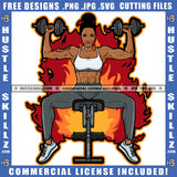 Melanin Fitness Woman Lift Dumbbells' Workout Gym Arms Exercise Fire Tattoos Graphic Grind Logo Hustle Skillz SVG PNG JPG Vector Cut Files Silhouette Cricut